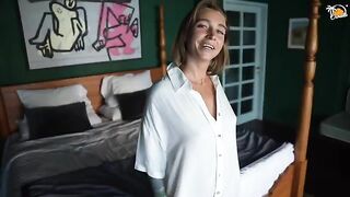 Blonde amateur MILF gets fucked in a hotel room, showcasing real orgasms with a toy