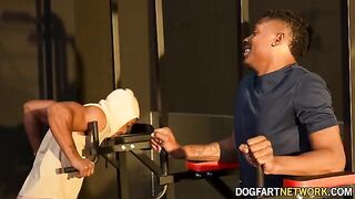 Kay Carter gets fucked by two black guys in the gym in front of her husband