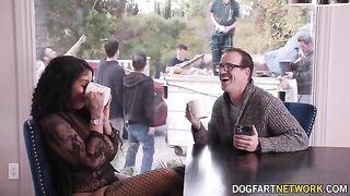 Ebony babe Paris The Muse gets her mouth full of ten big white dicks in a wild bukkake scene