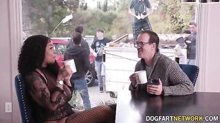 Ebony babe Paris The Muse gets her mouth full of ten big white dicks in a wild bukkake scene