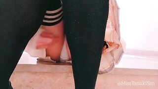 Hot Japanese schoolgirl masturbates without panties in public, reaching a squirt climax