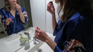 French girl with big boobs gets fucked in the bathroom early in the morning