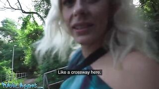 A blonde MILF with natural tits fucks outdoors in the park, picked up by a cunning agent