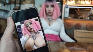 Nurse is tired of waiting for an order in the restaurant and she gets a snack from a customer