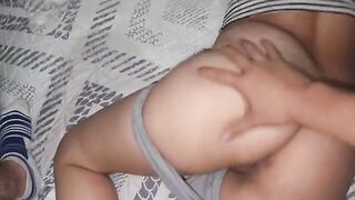 A young woman sees her man in sexy pajamas and cannot resist him