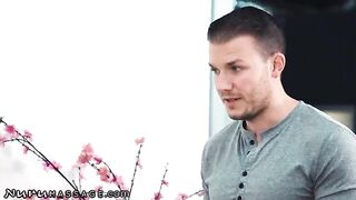 Two masseuses serve one client with Whitney Wright in a sensual Nuru Massage scene