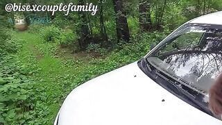 Couple having fun outdoors, getting caught in a steamy car encounter with a stranger