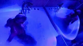 Blonde caresses sex toys in the bathroom, waiting for a big cock