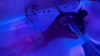 Blonde caresses sex toys in the bathroom, waiting for a big cock