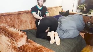 A couple fucks under the blanket and comes together with intense orgasm