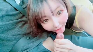 A juicy Asian girl got her pussy wet in a car and showed her boobs