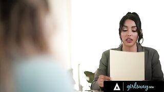 A busty brunette gets even with her sexy lawyer by fingering her wet pussy