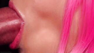The hottest pink-haired slut gives the best milky blowjob ever
