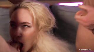 A blonde with wide lips has sex with two guys at once