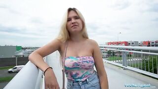 Public Agent Irina Cage flashes her tits and ass on a bridge, gets fucked by stranger for cash