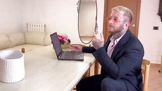Secretary cleans her boss's cock and squirts his cum on her face