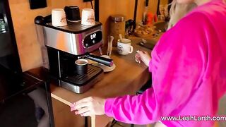A hot blondie, Leah Meow, wants coffee and more in the morning