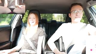 A man with a surprise for his girlfriend while driving a car