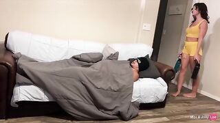 Horny wife fucks her friend on the couch and gets creampied