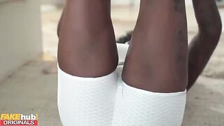 A black yoga teacher with big tits squirts all over her client’s cock