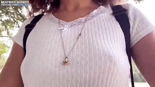 Babe masturbating publicly on the beach, her wet pussy creaming intensely