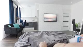 Pervert stepson masturbates his donger with the help of a toy