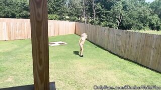 A chick gets naked in the backyard and has sex on the porch