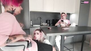 A couple has sex while a friend is fucking on the table