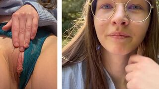 Petite teen girls squirt their big labia outside in public space