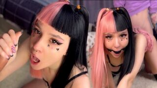Emo babe with a hot pink hairstyle gets gagged and fucked
