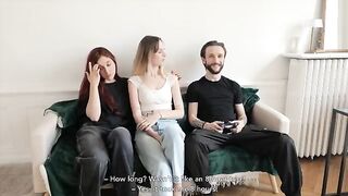 Two French amateur girls sharing a big dick