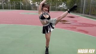 Cheerleader girl fucks publicly on the street and swallows the semen
