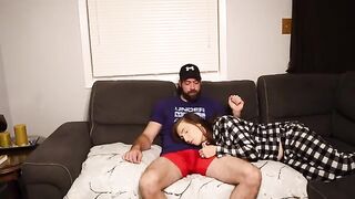 A stepmom takes a risky creampie on the couch
