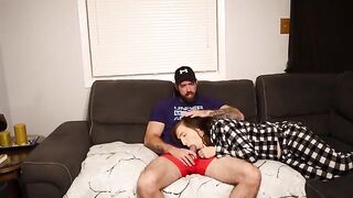 A stepmom takes a risky creampie on the couch