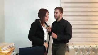 A cutie secretary in stockings fucked with her boss and cum in the office