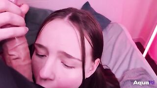 Schoolgirl sucks dick with her cute lips and swallows it all