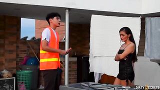 The electrician rewarded the housewife for his work with intense standing action