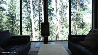 A hot girl does yoga alone in the forest, teasing and rubbing herself