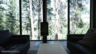 A hot girl does yoga alone in the forest, teasing and rubbing herself