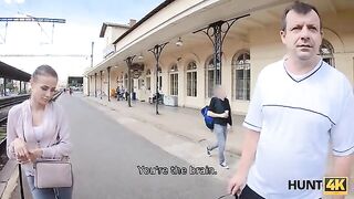 A cute girl is fucking with a guy for money on the train station
