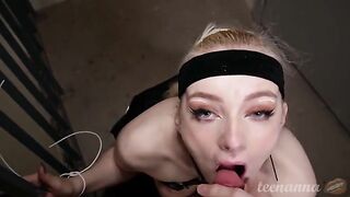 A sexy girl with deep blue eyes is gagging on a cock in the mouth