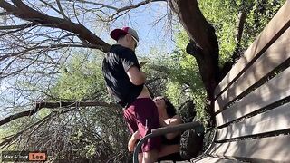 A busty girl almost got caught by her husband while giving a blowjob by the lake