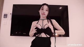 Hot Asian chick in a black dress squirts and gets filled with cum