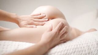 Cute baby's relaxed pussy fingered by his skilful hands in a massage scene