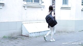 Babe fucked by stranger in the fake hostel, cum on tits