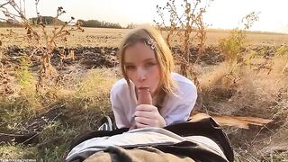 A beautiful Russian girl made blowjob in the forest at sunset
