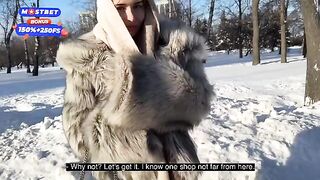 A hot chick in a fur coat is getting fucked on the street