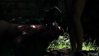 A blonde is fucking with a guy in the garden, showcasing her oral skills