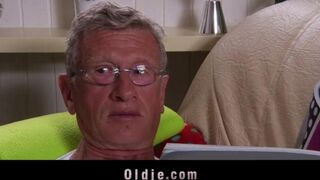 A hot woman is getting fucked by an old man on the couch