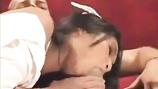 Asian nurse takes off her uniform to get fucked on the couch